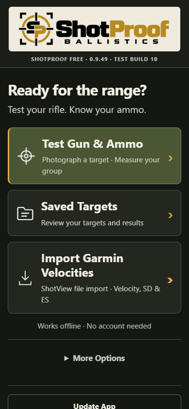 ShotProof Free home screen with Test Gun and Ammo and Saved Targets